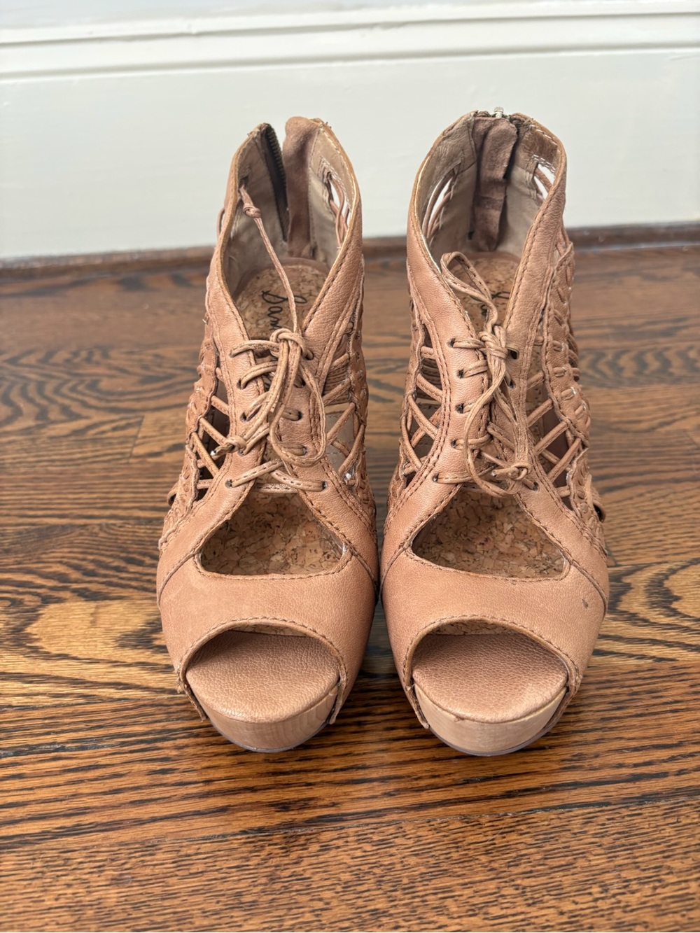 Sam Edelman Tan Lace-Up Cutout Peep Toe Wedge Heels